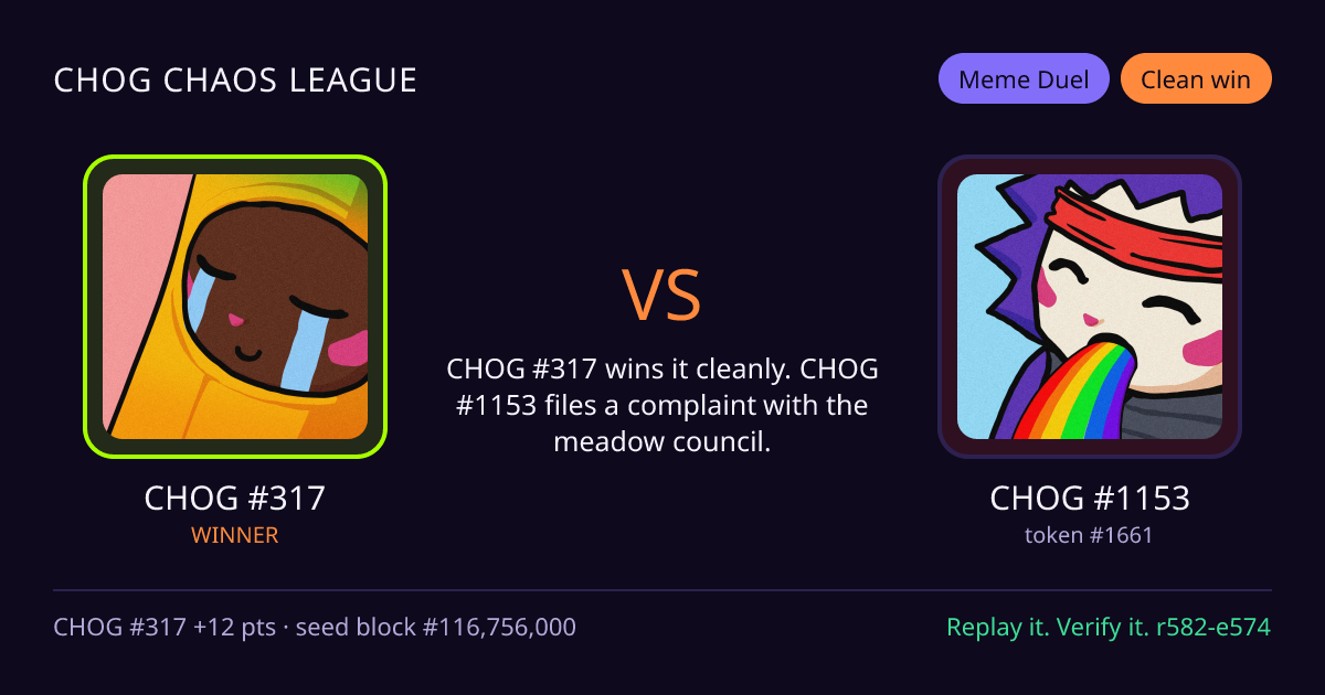 Highlight card: CHOG #317 versus CHOG #1153