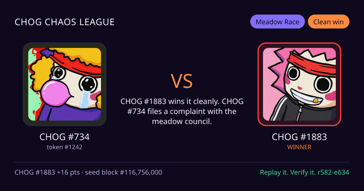 Highlight card: CHOG #734 versus CHOG #1883