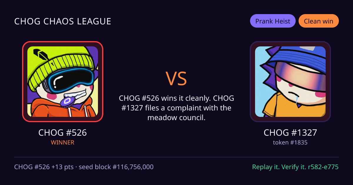 Highlight card: CHOG #526 versus CHOG #1327