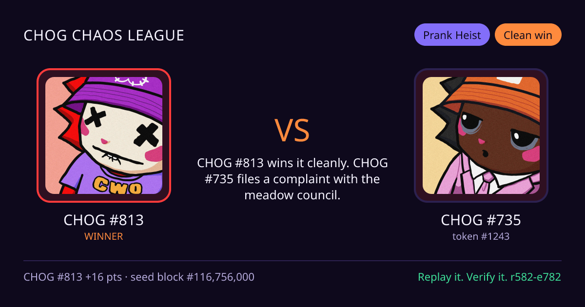 Highlight card: CHOG #813 versus CHOG #735