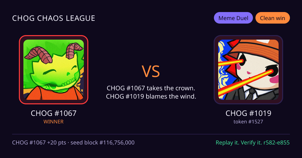 Highlight card: CHOG #1067 versus CHOG #1019