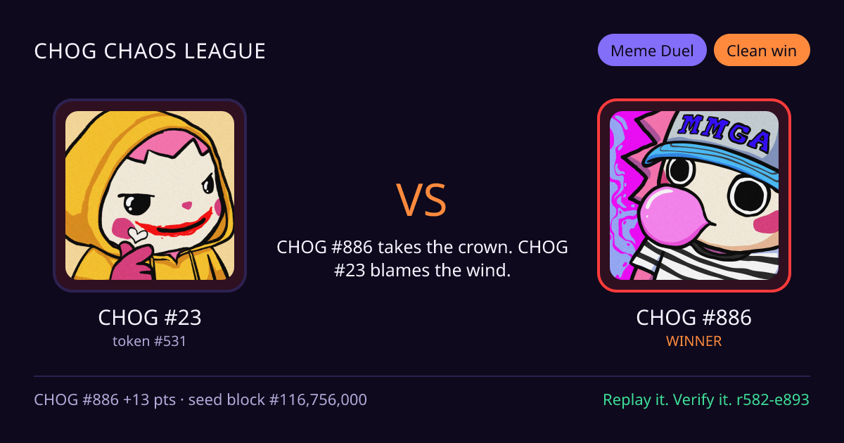 Highlight card: CHOG #23 versus CHOG #886