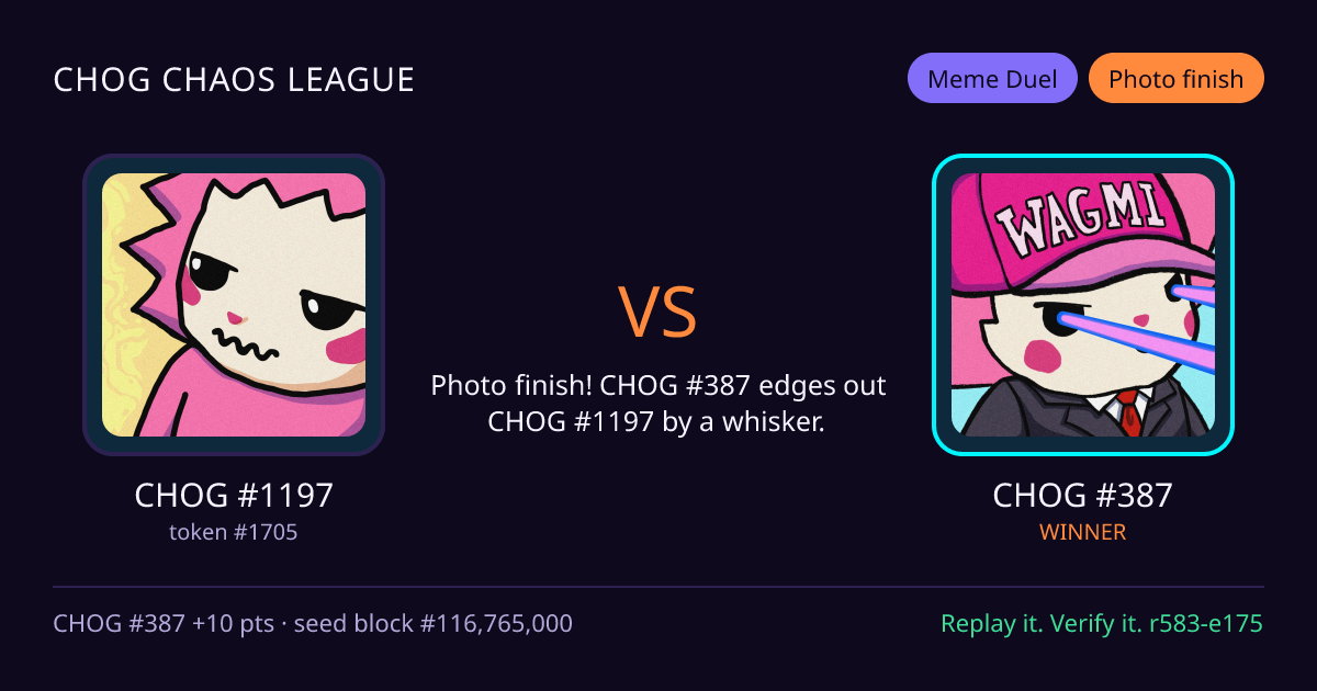Highlight card: CHOG #1197 versus CHOG #387