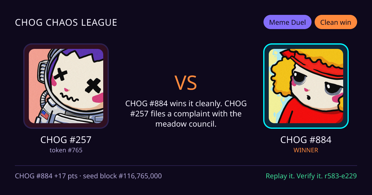 Highlight card: CHOG #257 versus CHOG #884