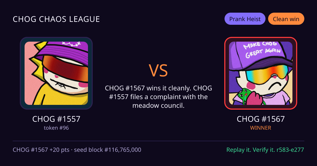 Highlight card: CHOG #1557 versus CHOG #1567