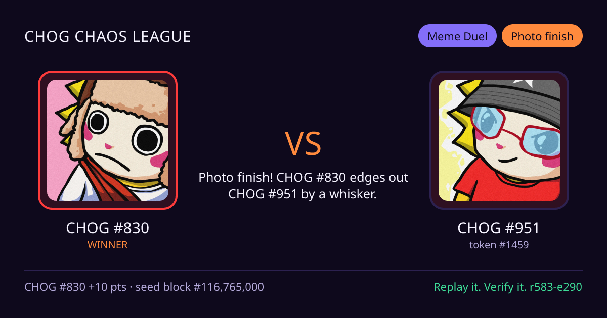 Highlight card: CHOG #830 versus CHOG #951