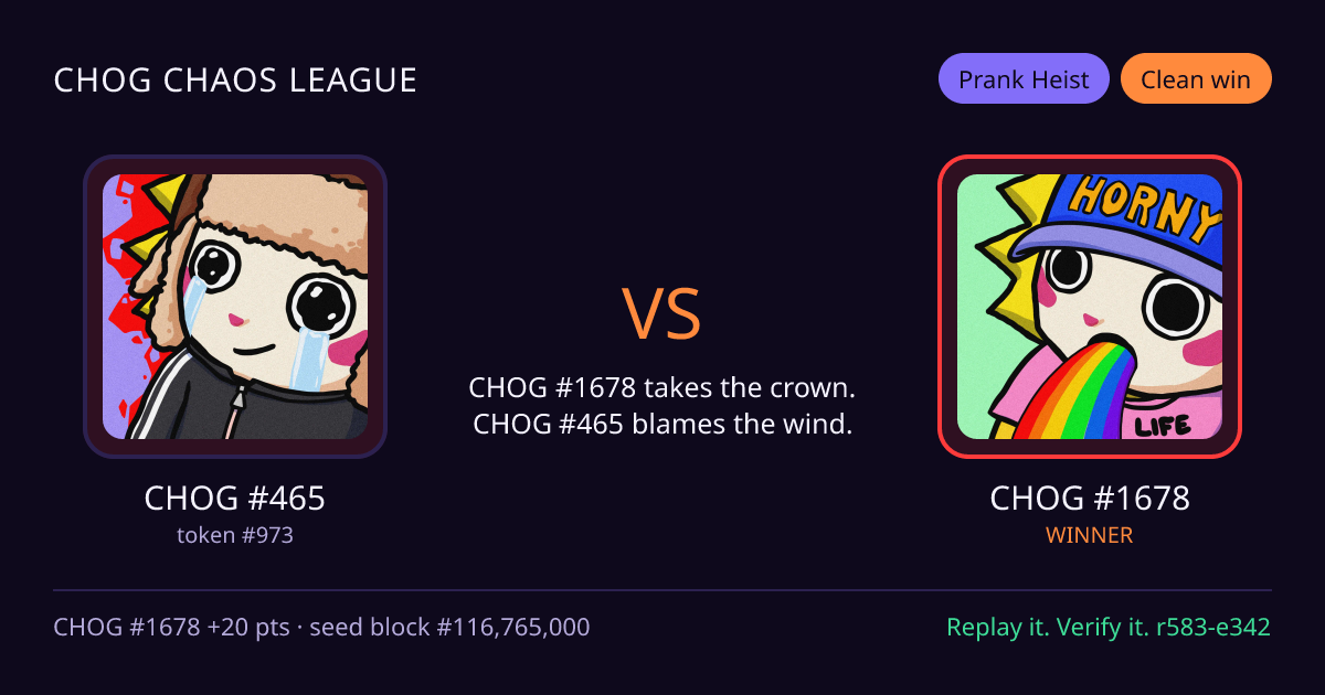 Highlight card: CHOG #465 versus CHOG #1678