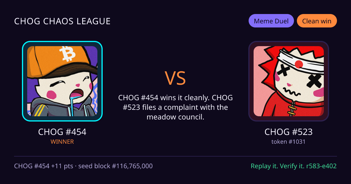 Highlight card: CHOG #454 versus CHOG #523