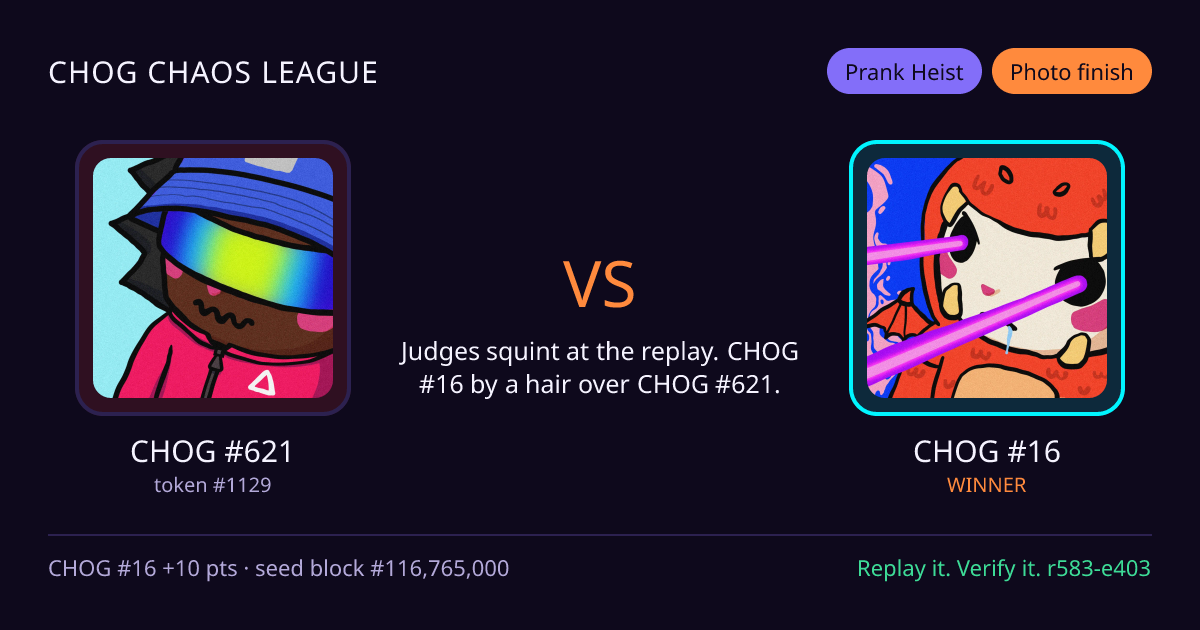 Highlight card: CHOG #621 versus CHOG #16