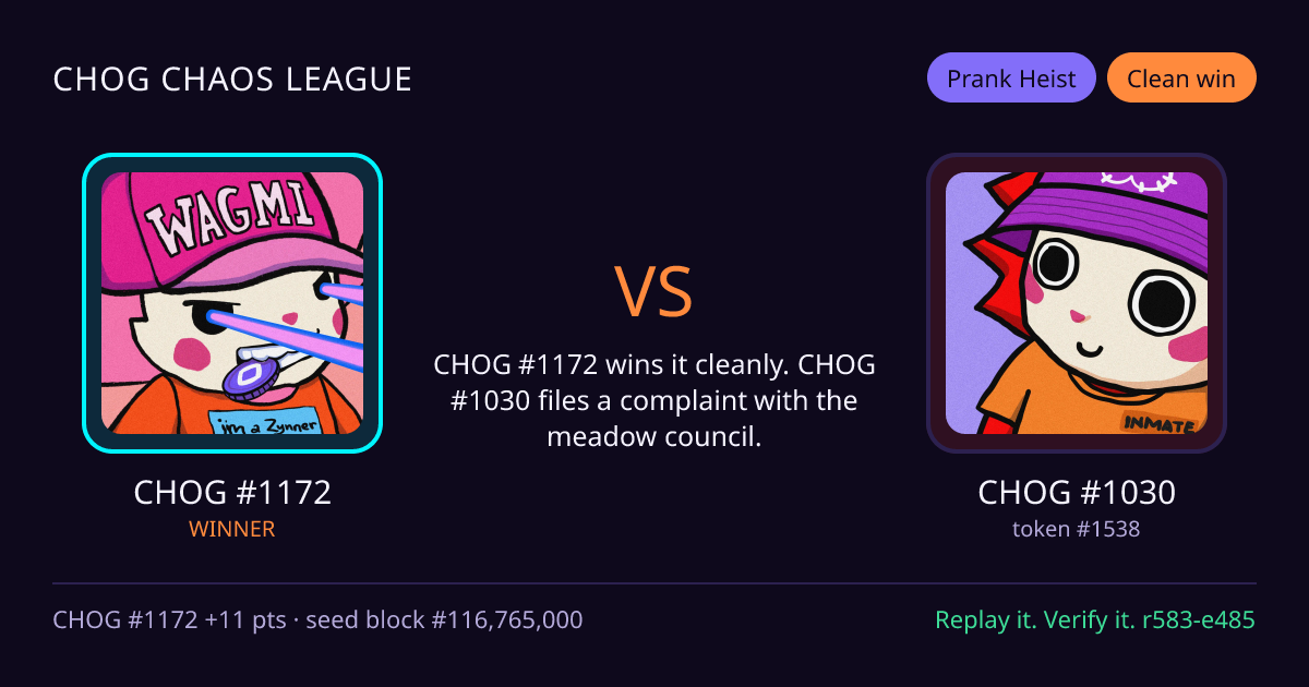 Highlight card: CHOG #1172 versus CHOG #1030