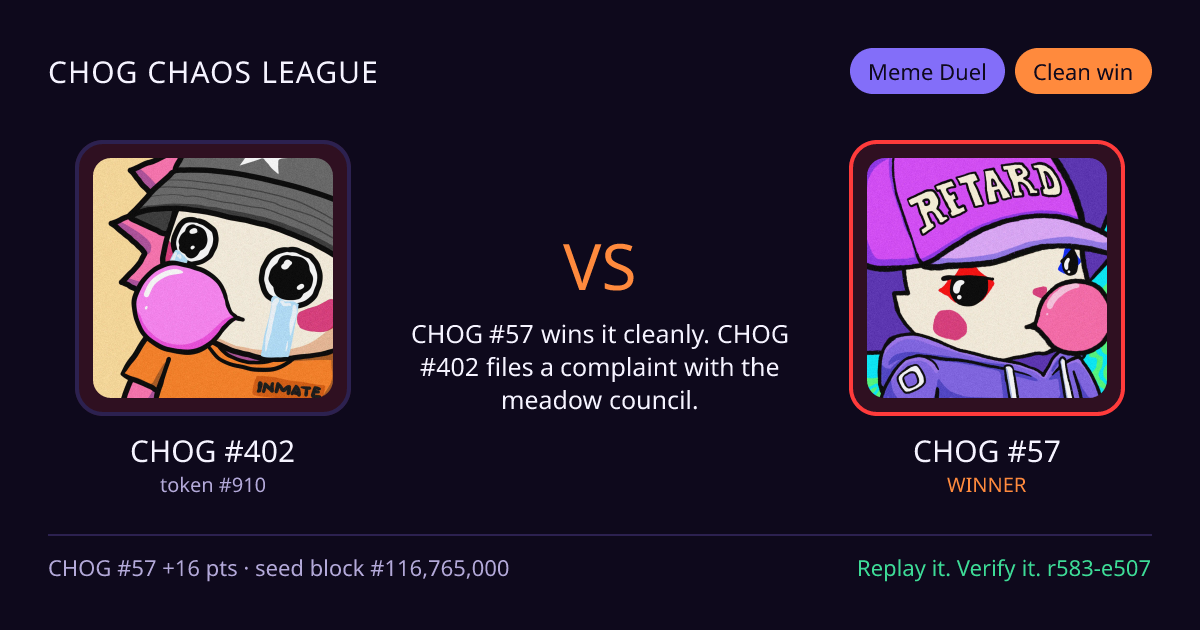 Highlight card: CHOG #402 versus CHOG #57