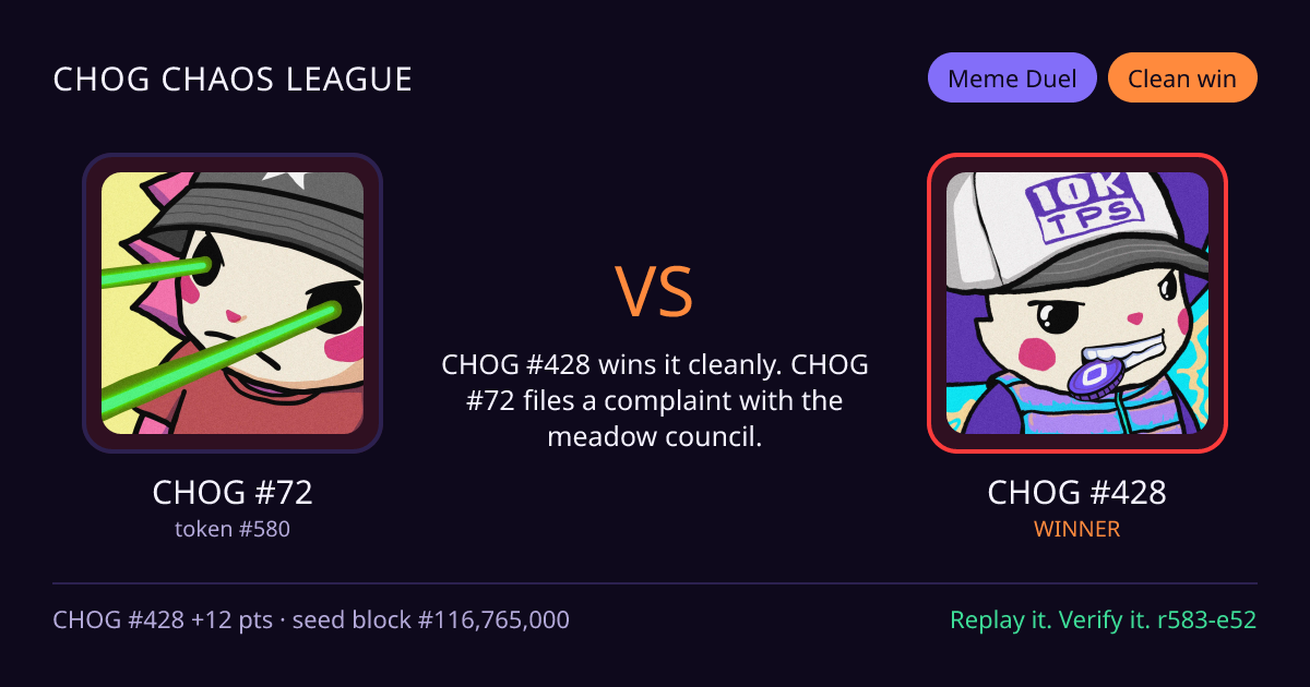 Highlight card: CHOG #72 versus CHOG #428