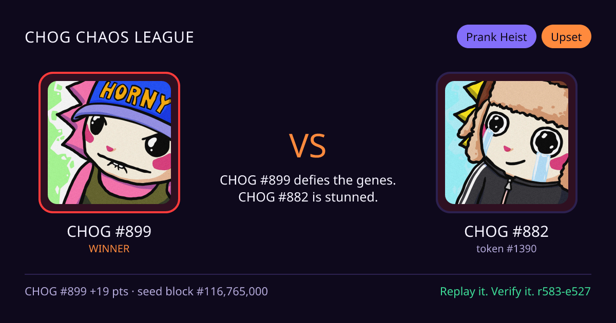 Highlight card: CHOG #899 versus CHOG #882