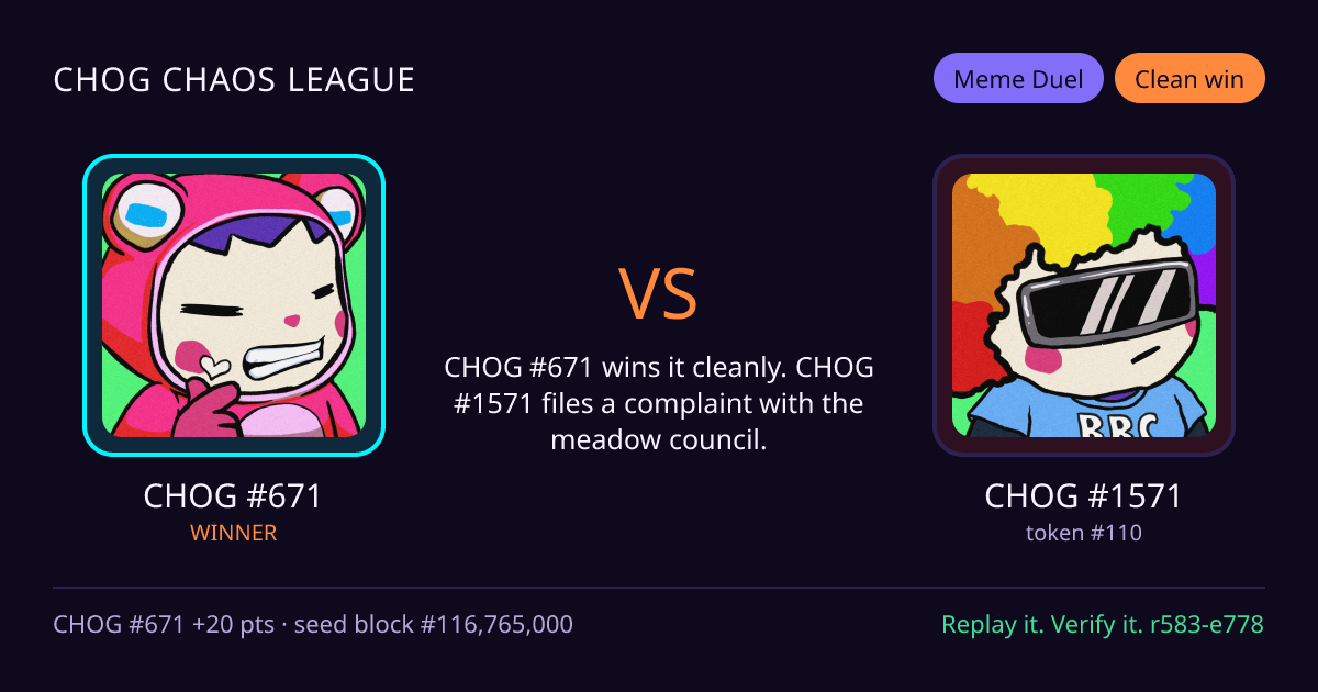 Highlight card: CHOG #671 versus CHOG #1571