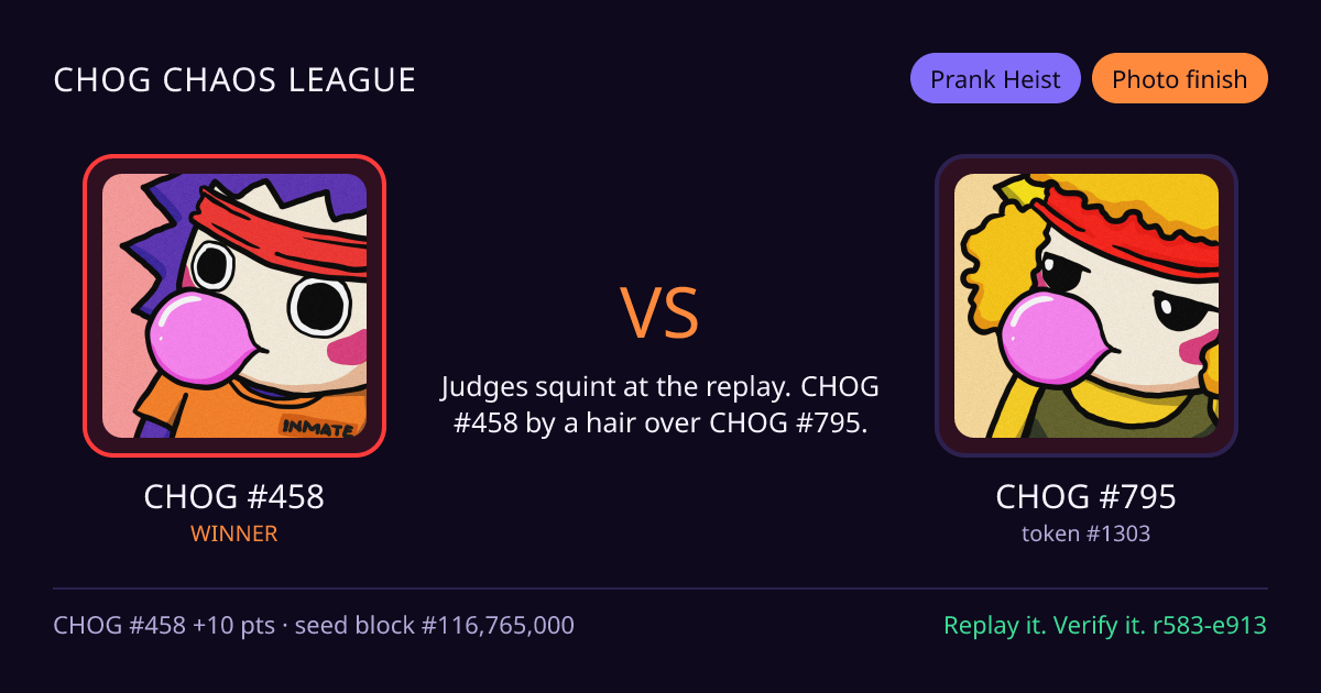 Highlight card: CHOG #458 versus CHOG #795