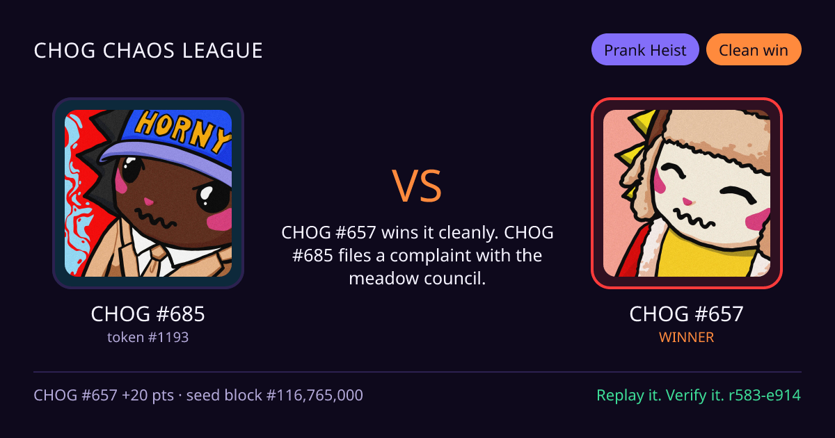 Highlight card: CHOG #685 versus CHOG #657