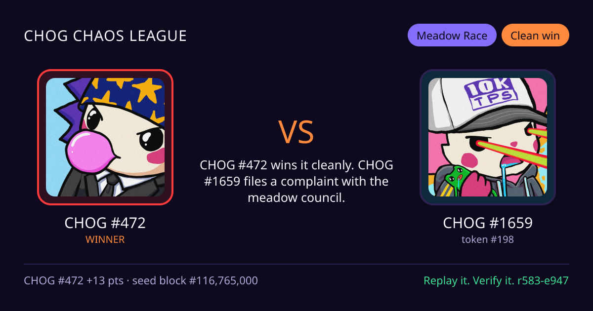 Highlight card: CHOG #472 versus CHOG #1659