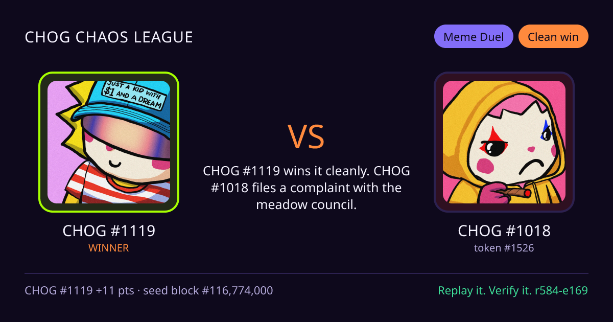 Highlight card: CHOG #1119 versus CHOG #1018
