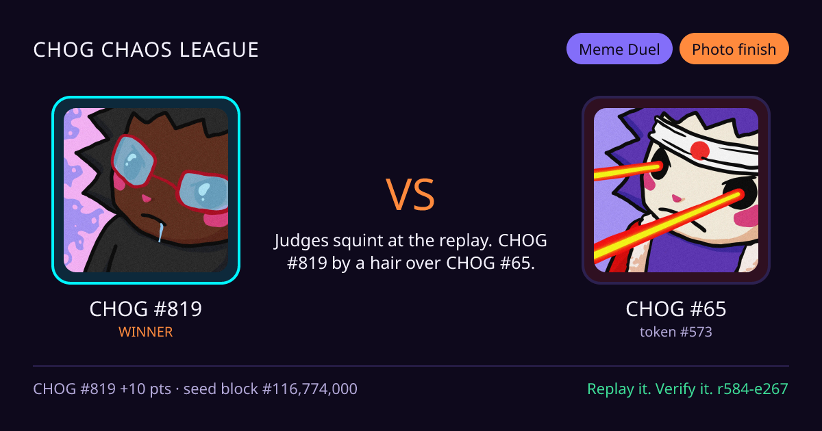 Highlight card: CHOG #819 versus CHOG #65