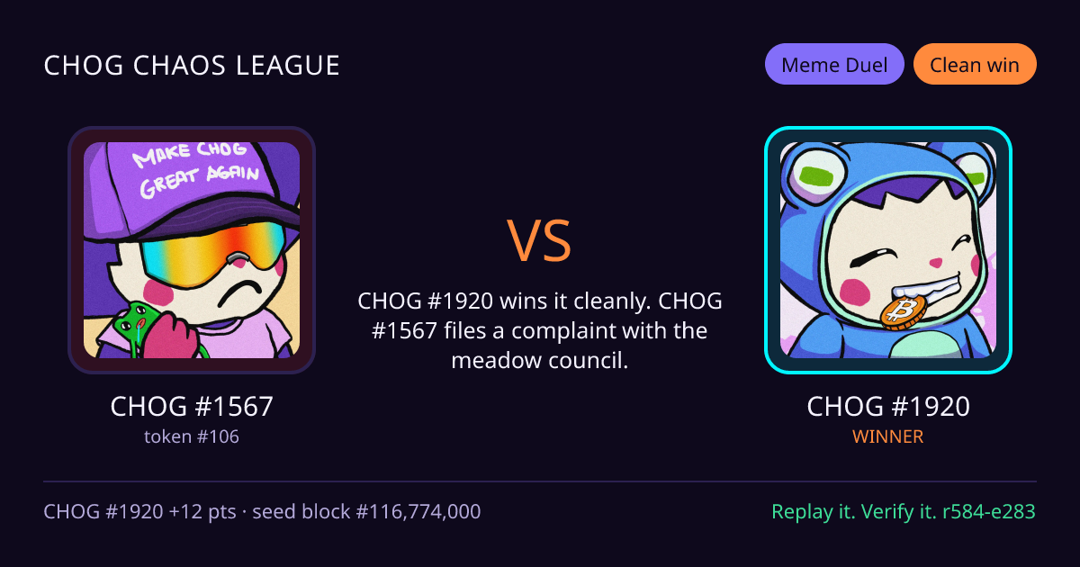 Highlight card: CHOG #1567 versus CHOG #1920