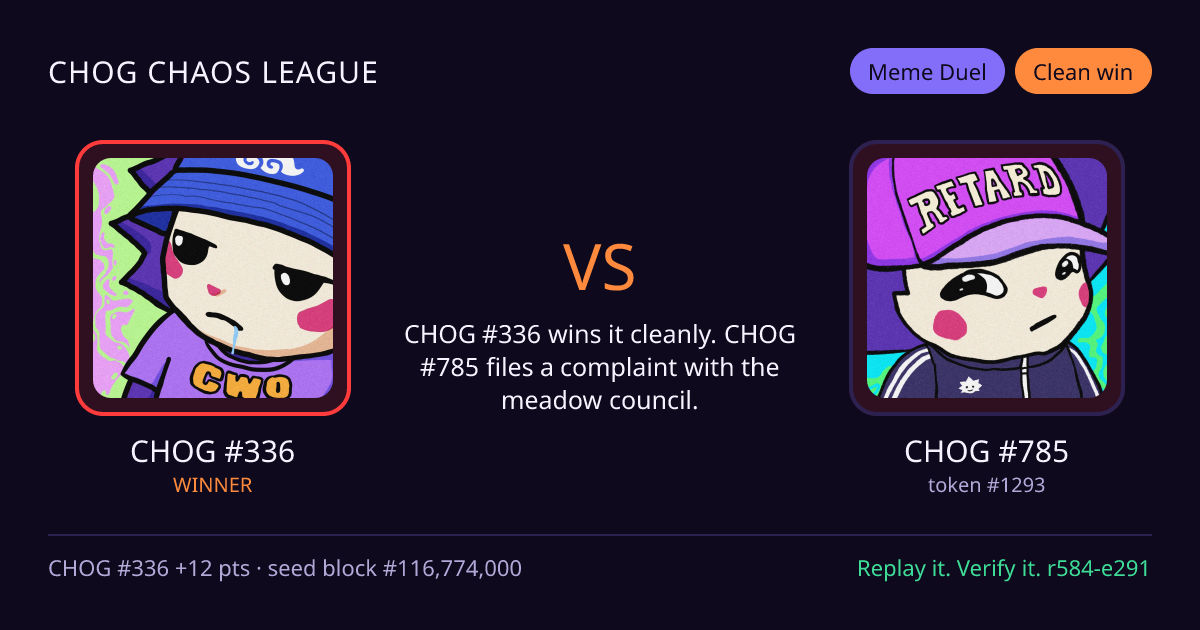Highlight card: CHOG #336 versus CHOG #785