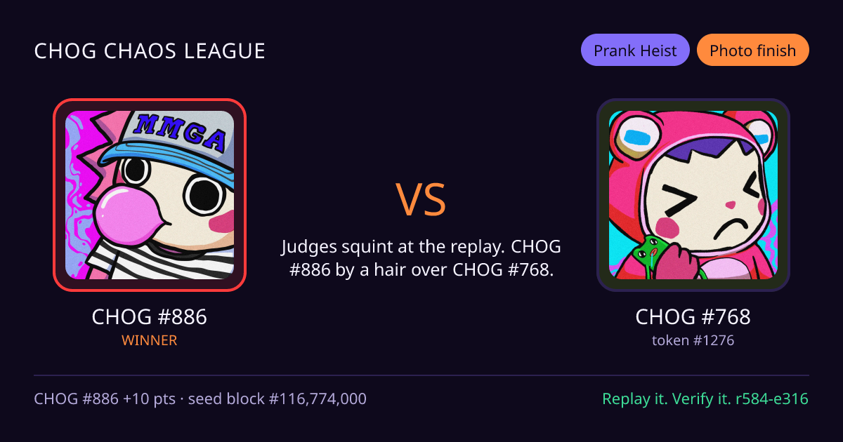 Highlight card: CHOG #886 versus CHOG #768