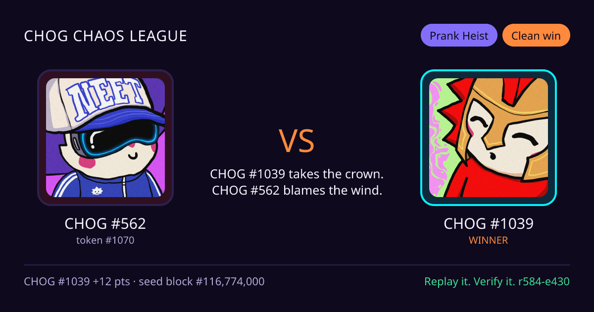 Highlight card: CHOG #562 versus CHOG #1039