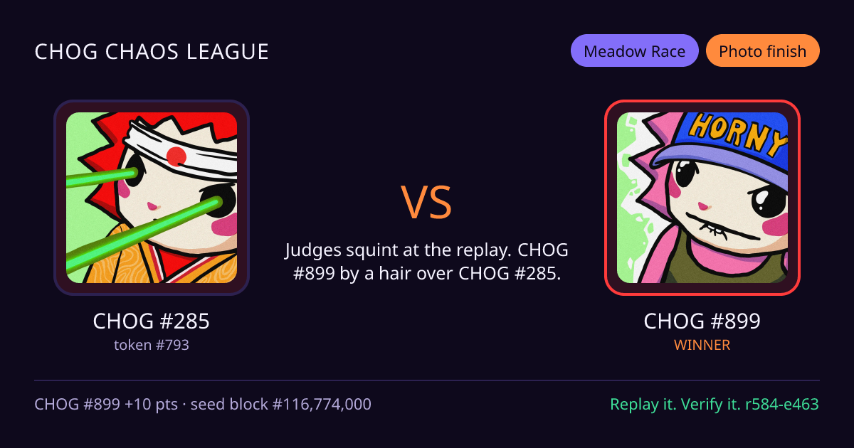 Highlight card: CHOG #285 versus CHOG #899