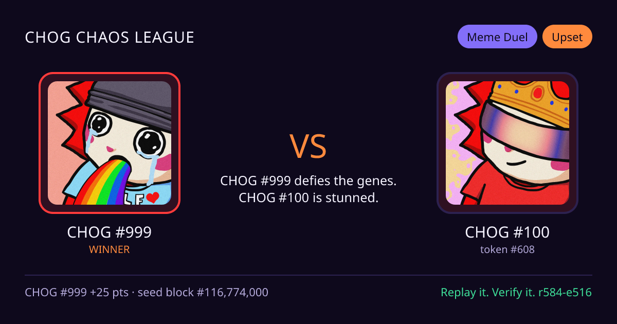 Highlight card: CHOG #999 versus CHOG #100