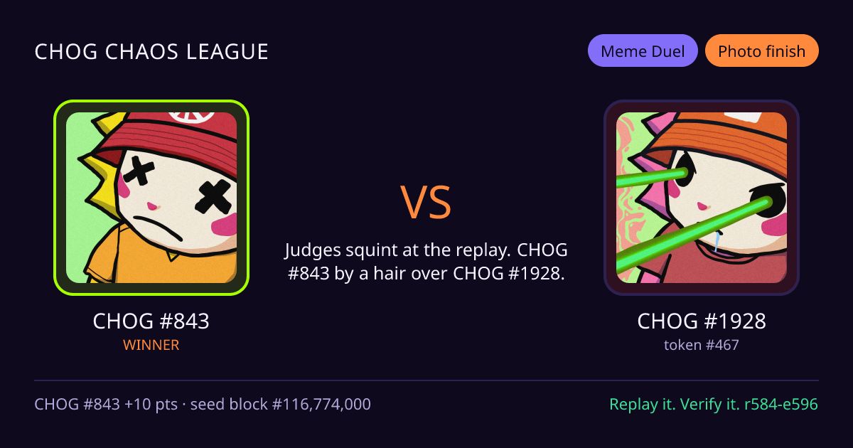 Highlight card: CHOG #843 versus CHOG #1928