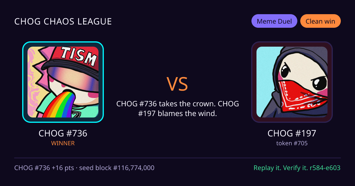 Highlight card: CHOG #736 versus CHOG #197