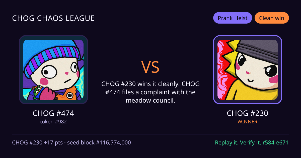 Highlight card: CHOG #474 versus CHOG #230