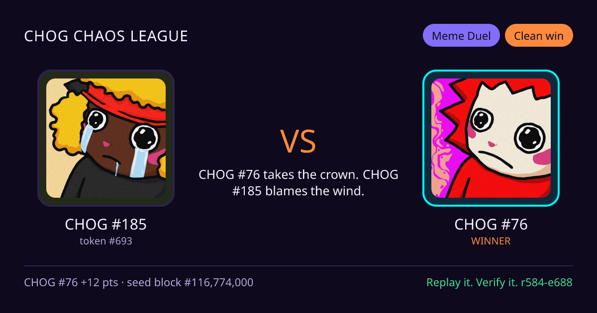 Highlight card: CHOG #185 versus CHOG #76