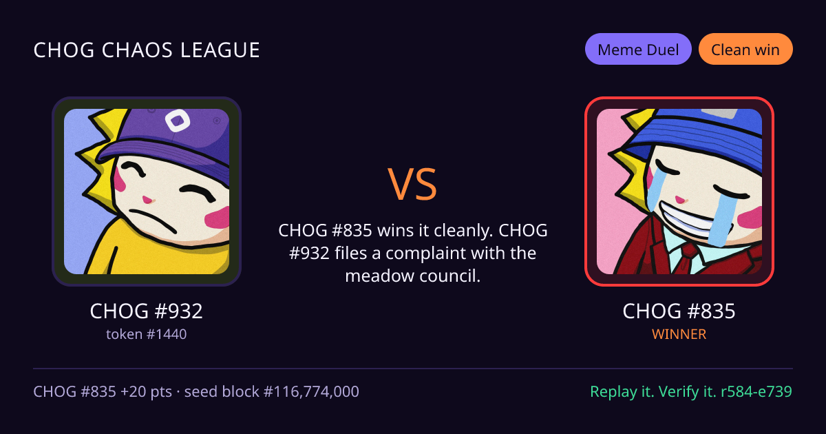 Highlight card: CHOG #932 versus CHOG #835