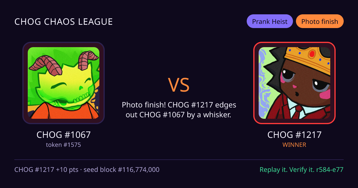 Highlight card: CHOG #1067 versus CHOG #1217