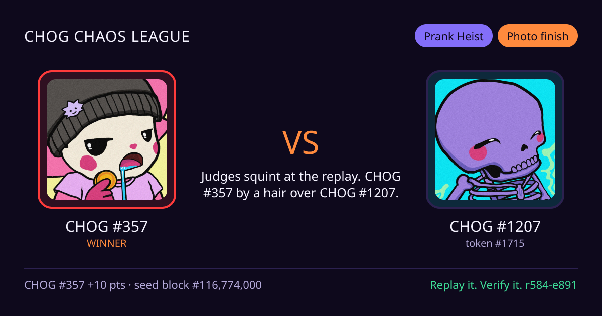 Highlight card: CHOG #357 versus CHOG #1207