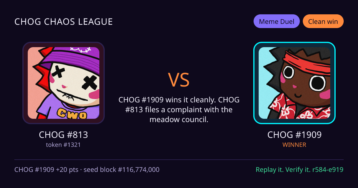 Highlight card: CHOG #813 versus CHOG #1909