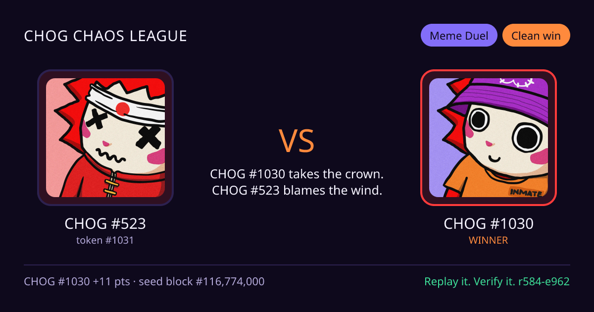 Highlight card: CHOG #523 versus CHOG #1030