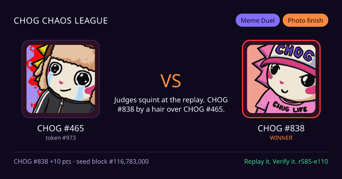 Highlight card: CHOG #465 versus CHOG #838