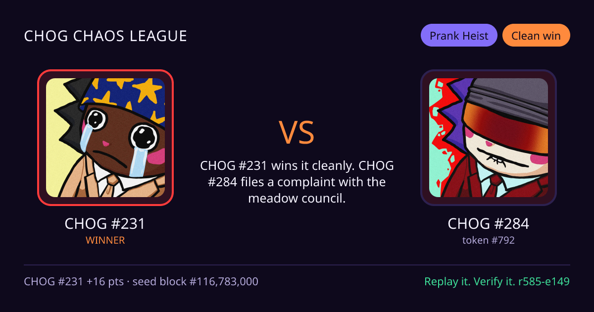 Highlight card: CHOG #231 versus CHOG #284