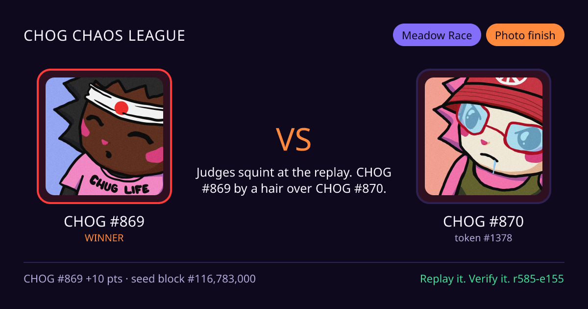 Highlight card: CHOG #869 versus CHOG #870