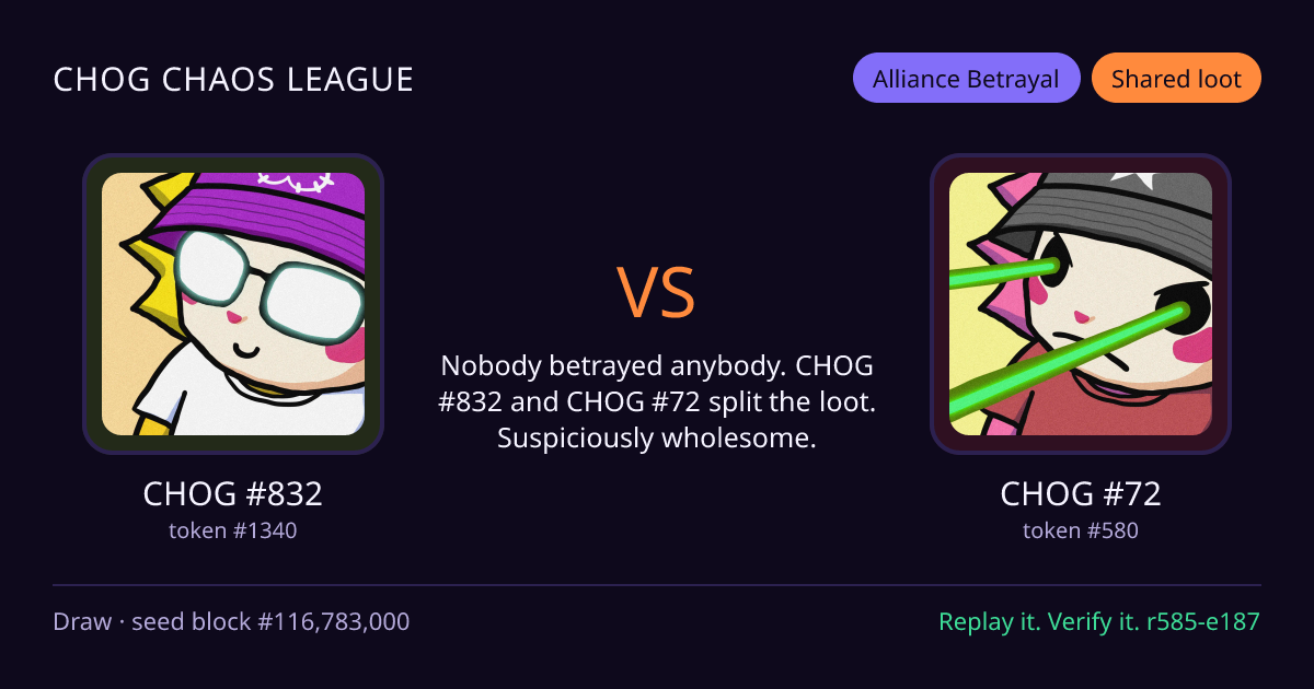 Highlight card: CHOG #832 versus CHOG #72