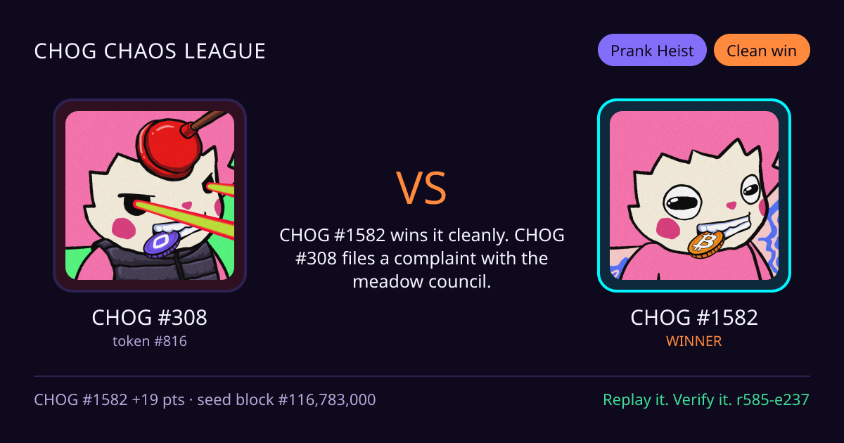 Highlight card: CHOG #308 versus CHOG #1582