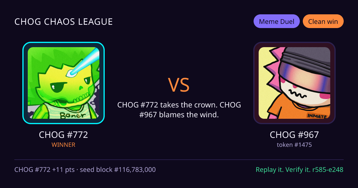Highlight card: CHOG #772 versus CHOG #967