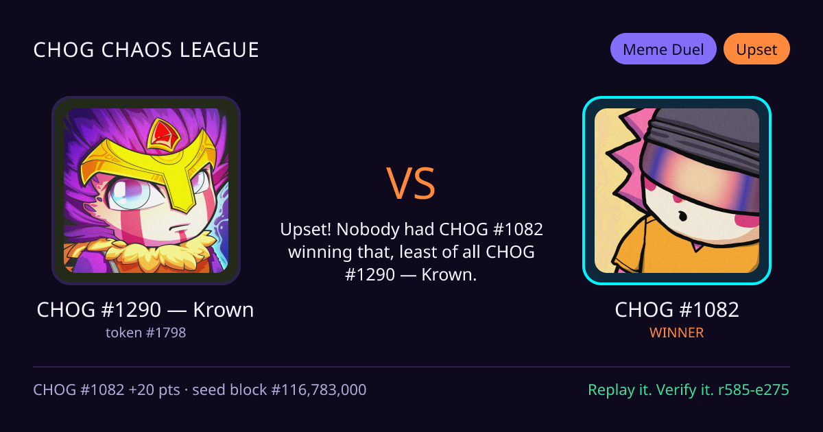 Highlight card: CHOG #1290 — Krown versus CHOG #1082