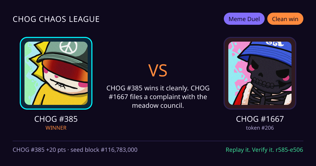 Highlight card: CHOG #385 versus CHOG #1667