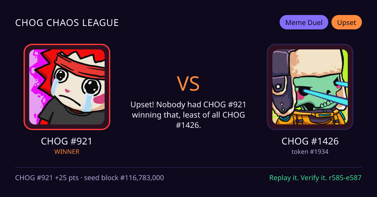 Highlight card: CHOG #921 versus CHOG #1426
