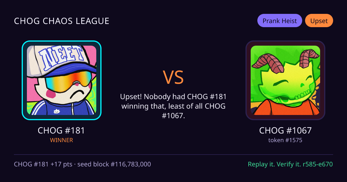 Highlight card: CHOG #181 versus CHOG #1067