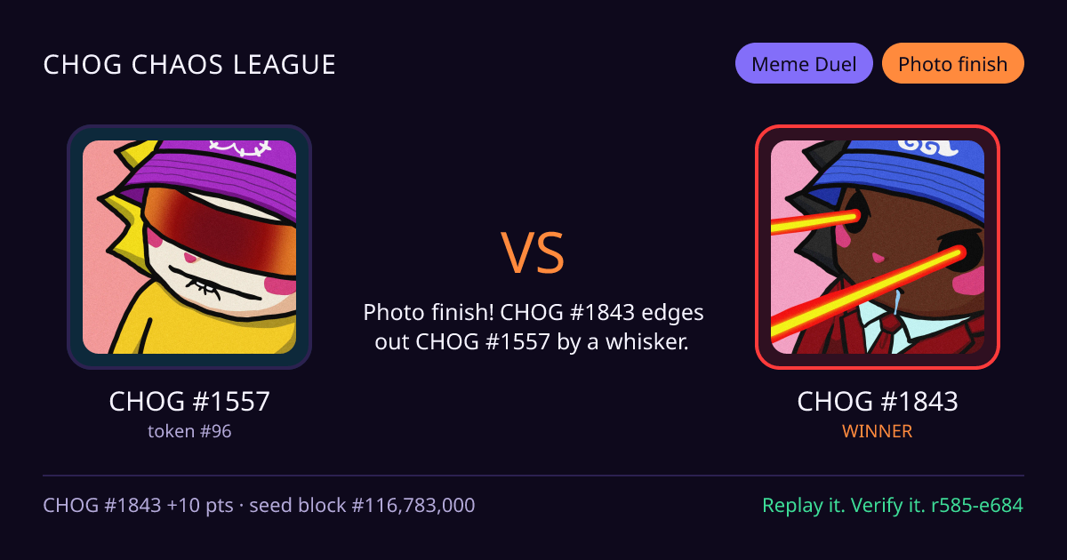 Highlight card: CHOG #1557 versus CHOG #1843