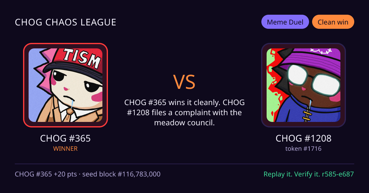 Highlight card: CHOG #365 versus CHOG #1208